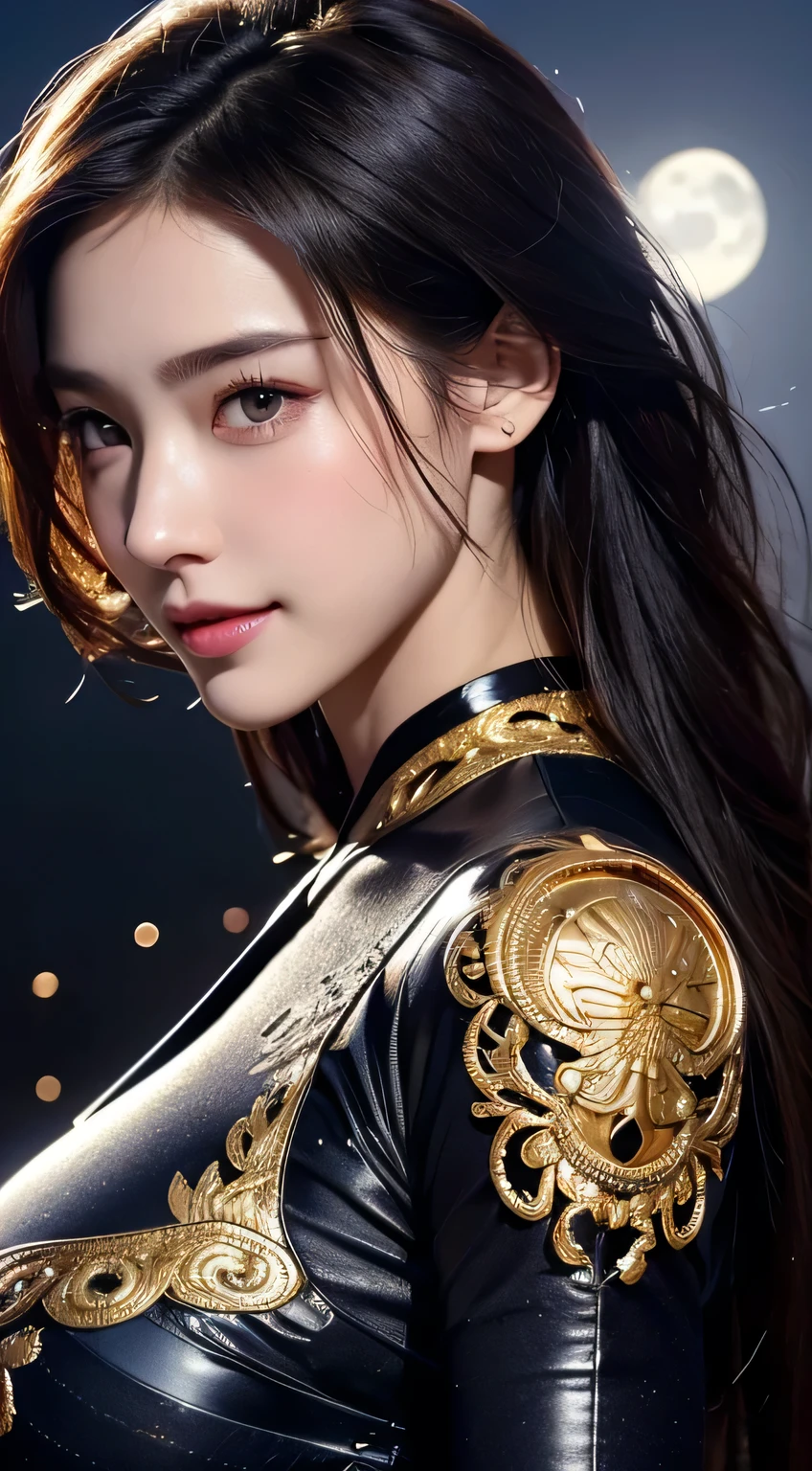 Kimono beauty, body portrait, 8k, thin and beautiful eyes, Dindal effect, masterpiece, top quality, high quality, high resolution, very detailed photo, (natural skin texture, fine skin, hyper realism, super sharpness) , high detail skin, (very fine, fine skin texture, intricate details, beautiful face, (real-like face), realistic eyes, beautifully detailed eyes, realistic skin, beautiful skin, surreal, Highly detailed, golden ratio, smiling eyes, ((night moonlight background)), body portrait, G cup, big breasts, huge breasts, big breasts, glamorous, shiny bodysuit