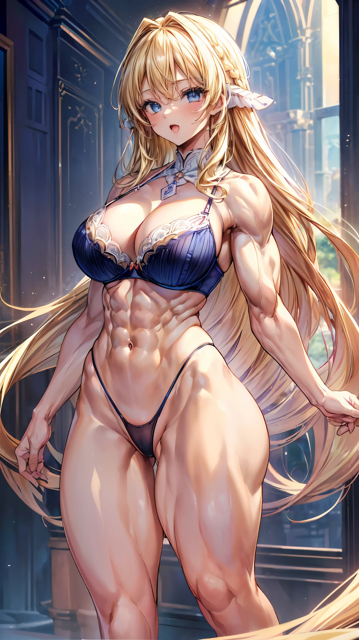 Very detailed、highest quality、Best image quality、masterpiece、8k、Anime Face、A kind smile、(Open your mouth:1.3)、Sparkling blue eyes、(Blonde semi-long hair:1.5)、(Muscles of the whole body:1.3)、(High leg panties:2.0)、Thigh belt、(Upper body photo:1.7)、(SFW Giant)、(Thick body:1.2)、(bra:1.5)
