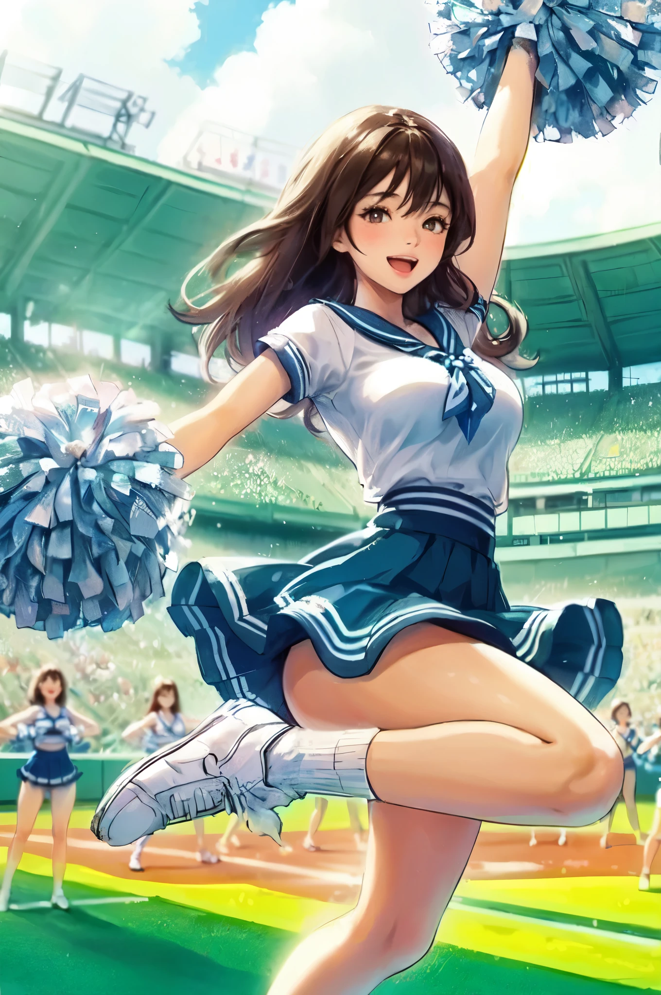 1lady solo, cheering, dancing, (dynamic posing), cheerleader (stylish outfit), mature female, /(brown hair/) bangs, blush brightly smile, open mouth, (teeth:0.8), (masterpiece best quality:1.2) delicate illustration ultra-detailed, large breasts BREAK (holding pom-pom) BREAK /(baseball stadium) grass, outdoors, audience