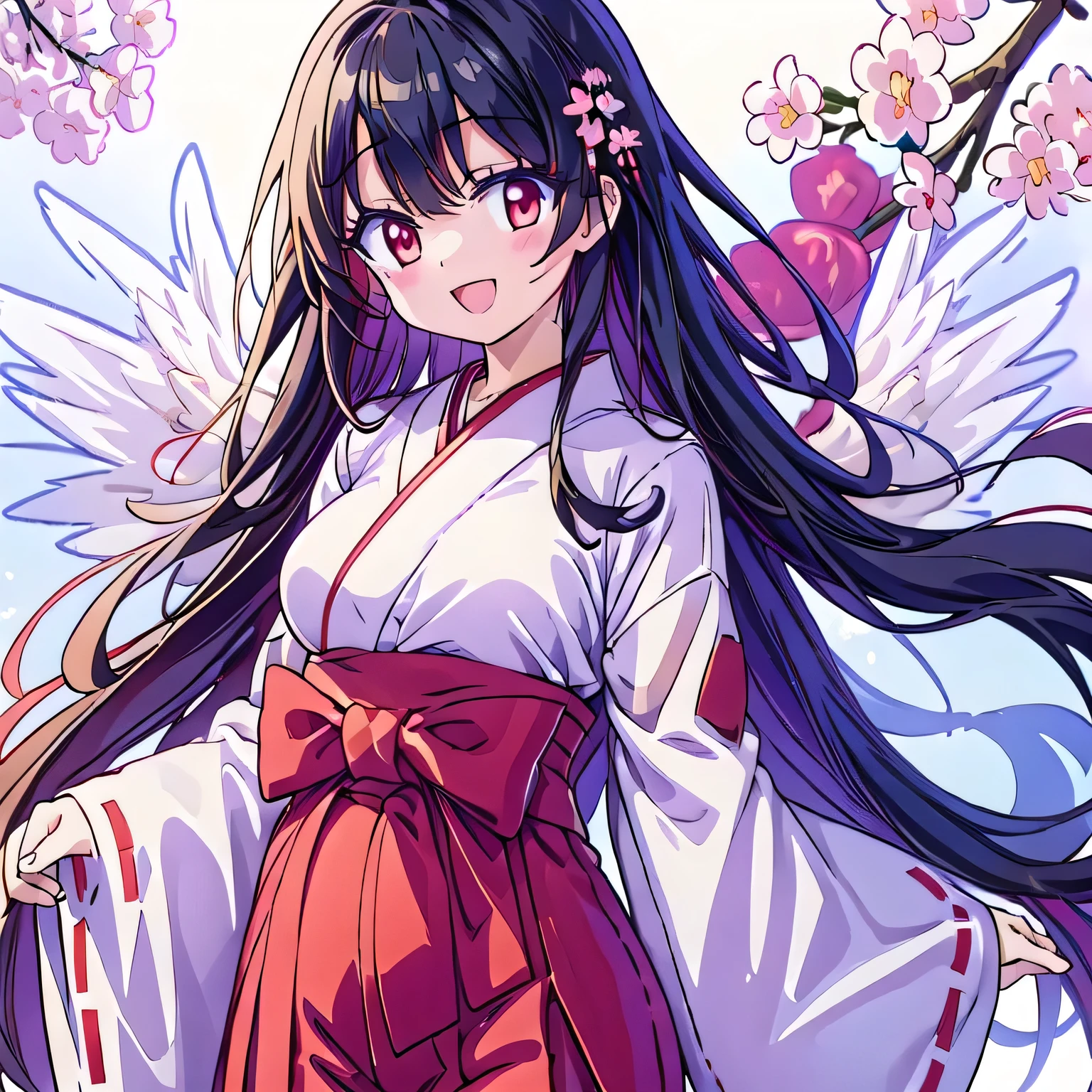highest quality、High resolution、White Background、Anime style illustrations,red long skirt, {Red too:1.35} ,Shrine maiden、Simple Shrine maiden outfit、White kimono、Girl with perfect figure、Full Breasts、Beautiful woman、Drooping eyes、Relaxed expression、Low outer corner of the eye、Baby Face、smile、Beautiful Eyes、Cute eyes、Red eyes、One Girl、Long side hair、Long Hair、Black Hair、Ahoge、Wide sleeves、Long hem　Cherry blossom background