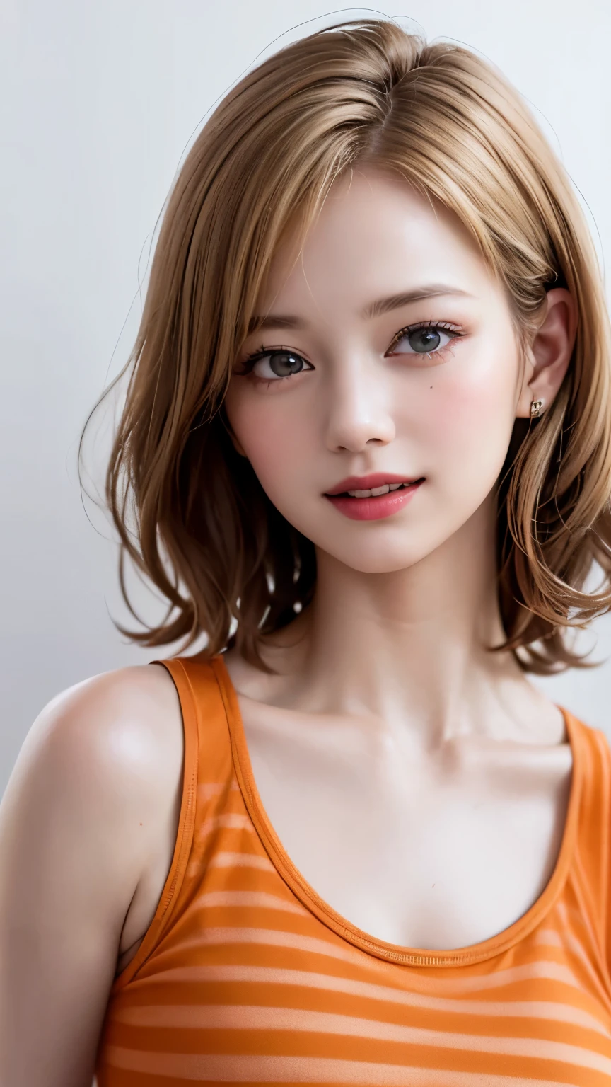 (highest quality、8k、32k、masterpiece)、(Realistic)、(Realistic:1.2)、(High resolution)、Very detailed、Very beautiful face and eyes、1 girl、Round and small face、Tight waist、Delicate body、(close、highest quality、Attention to detail、Rich skin detail)、(highest quality、8k、Oil paint:1.2)、(Realistic、Realistic:1.37)、Bright colors、(((blonde)))、(((Bust Shot)))、(((Medium Hair)))、(((Loose and fluffy perm)))、(((Pure white wall background)))、(((Hide your mouth with your left hand)))、(((Laughing)))、(((Blonde)))、(((Tank top with striped pattern)))、(((Orange tank top)))、(((Orange Stripes々Clothes)))