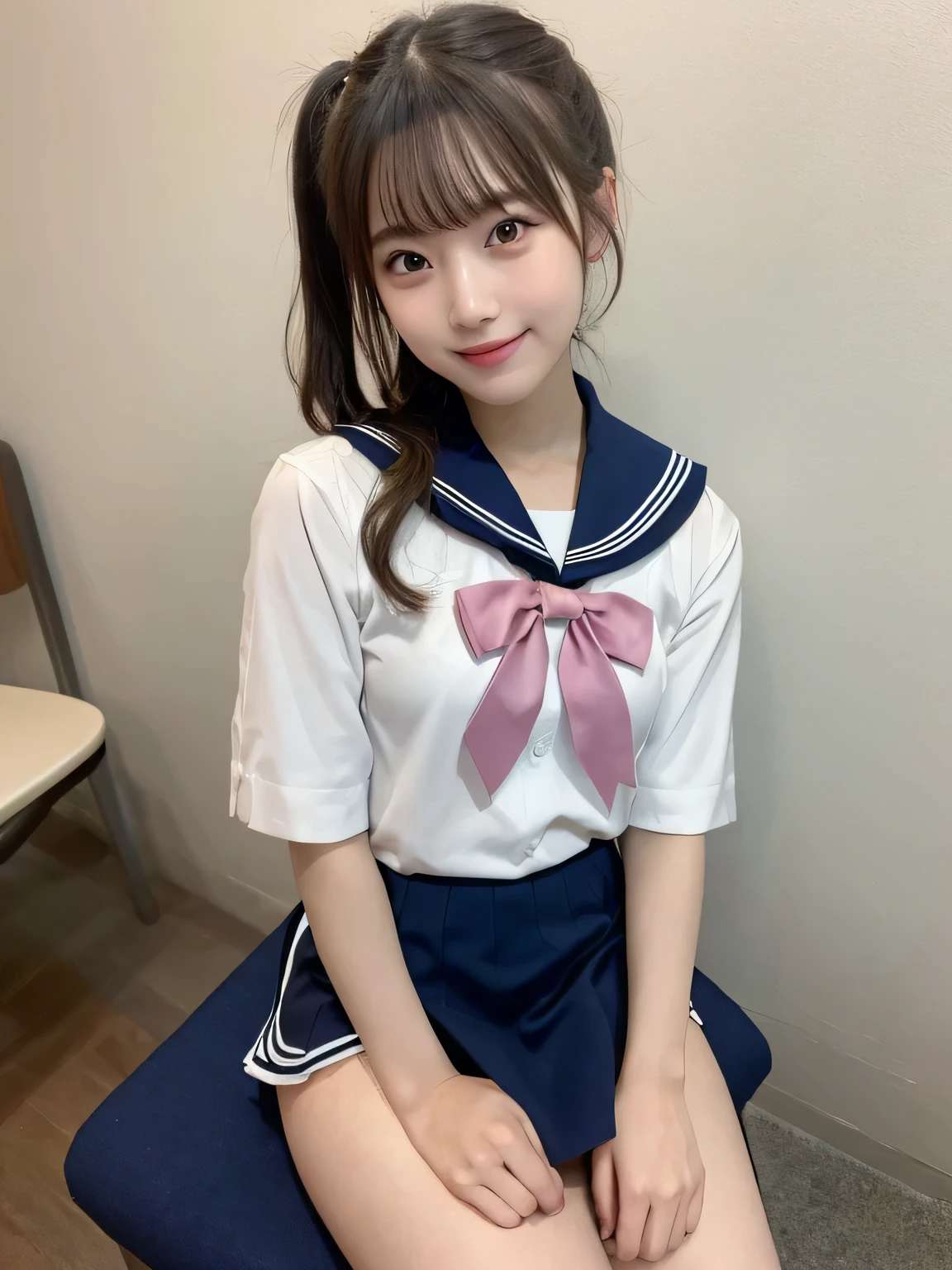 In detail,Blonde、Full body photo、 One high school girl、High resolution, high quality、Slim body、Perfect dynamic composition, Beautiful fine details, Blonde、Twin tails、Natural color lip,Kamimei、17-year-old girl、Clear Skin、Sailor suit、Navy blue mini skirt、Thighs、Shiny Hair、最high quality, figure, Very detailed, In detail, High resolution, 8k、The correct state of the human body、Sculpture model pose,Pink wall,Sitting in a chair、Thighs are visible、smile、