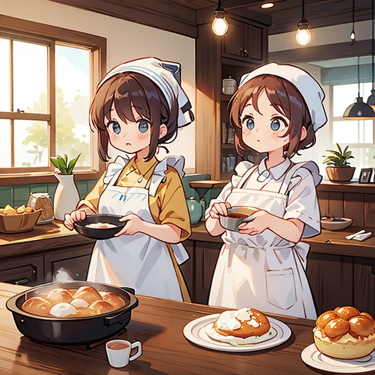 Girls with towels wrapped around their heads making a huge batch of soufflé in a frying pan at a cafe Wearing an apron