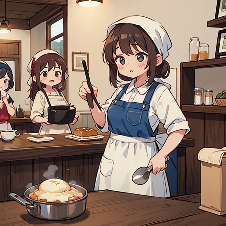 Girls with towels wrapped around their heads making a huge batch of soufflé in a frying pan at a cafe Wearing an apron