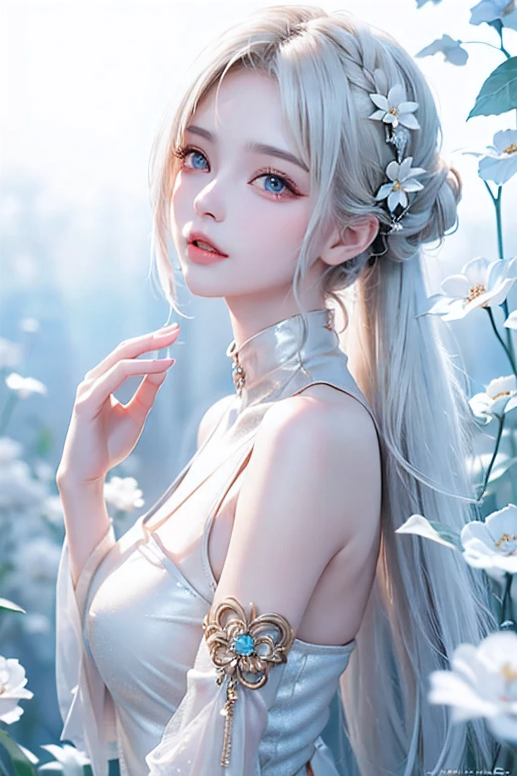 ((From the waist up))((masterpiece:1.5、8k、Portraiture、Photorealistic and very detailed CG、Very detailed、Particle Effects、Dynamic Effects、Written boundary depth、Cinematic Light、Lens flare、Ray Tracing、Tabletop、Realistic:1.4、超A high resolution:1.2、Realistic、Realistic))((alone、,Woman in turtleneck dress:1.4、Model-like pose:、sideboob、Ample breasts、Detailed face、Bright expression、young, Brighter, Whiter skin、Best Looks、Ultimate beauty、White hair with shiny highlights:1.8、bright and shiny hair,、Super long, Silky straight hair、Hair swaying in the wind))(Fantastic transparent flower々Surrounded by、White Background、Great background、Thin petals fluttering down)