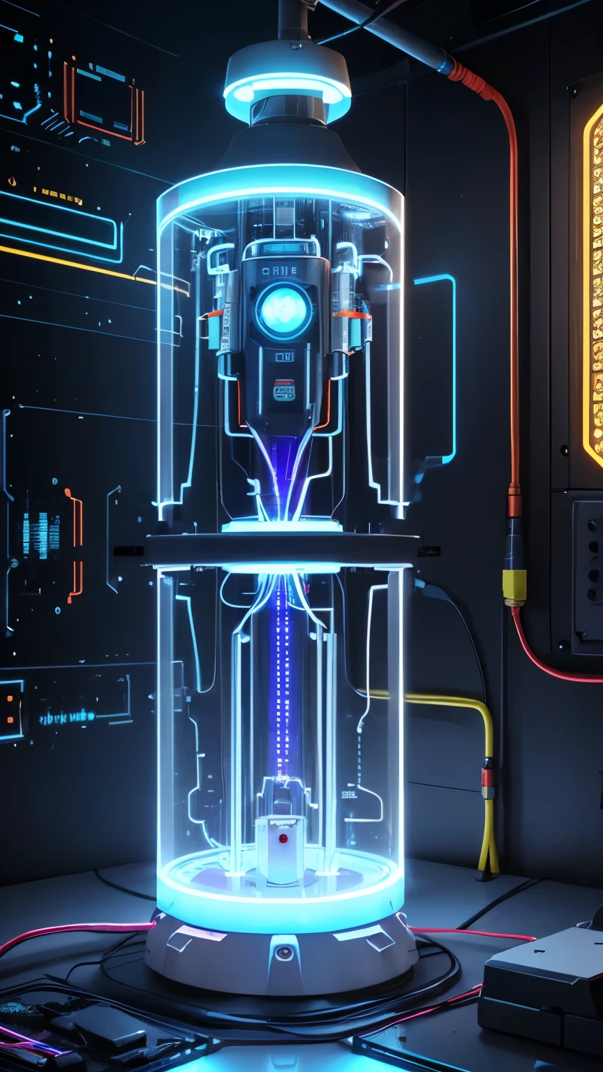 (white robot, streamlined without corners, with shape resembling long skirt with flared hem, one blue LED eye:1.3), best quality, super fine, 16k, delicate and dynamic, X-ray made of transparent crystal, precision machinery inside, circuit boards, diagrams, complex and innumerable colorful cables, IC chips, resistors, capacitors, light-emitting diodes, timers, transparent translucent anatomy, iridescent neon colors wiring diagram and LED, picture frame and background that mixes and fuses steampunk, dieselpunk, and clockpunk, analyzer room lab
