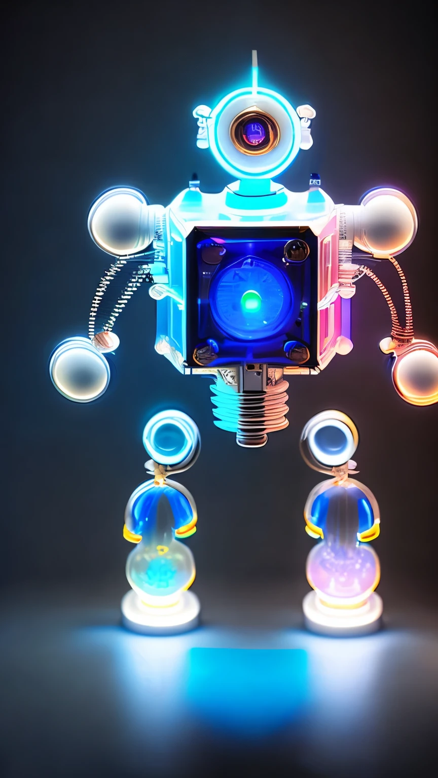(white robot, streamlined without corners, with shape resembling long skirt with flared hem, one blue LED eye:1.3), best quality, super fine, 16k, delicate and dynamic, X-ray made of transparent crystal, precision machinery inside, circuit boards, diagrams, complex and innumerable colorful cables, IC chips, resistors, capacitors, light-emitting diodes, timers, transparent translucent anatomy, iridescent neon colors wiring diagram and LED, picture frame and background that mixes and fuses steampunk, dieselpunk, and clockpunk, analyzer room lab