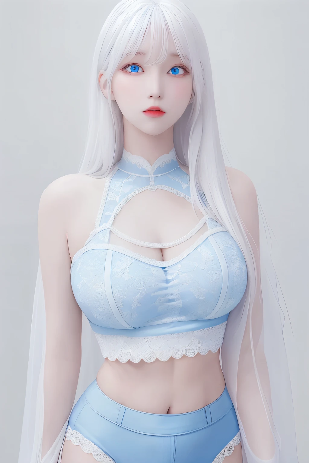photorealistic, high resolution, 1 girl, white hair, korean, blue eyes, white y lace shirt, lace skimpy tight black shorts, thick thighs, lace crop top sex