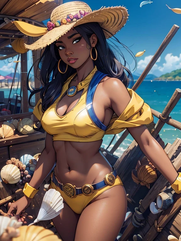 JIM EIDOMODE, 4K, anime art digital art, Light Ugandan Woman, Energizing and Attractive, Surrounded by Shells, Figural Steerage Mustard Smartwatch, Shallow Depth of Field, 50mm. anime style, key visual, vibrant, studio anime, highly detailed