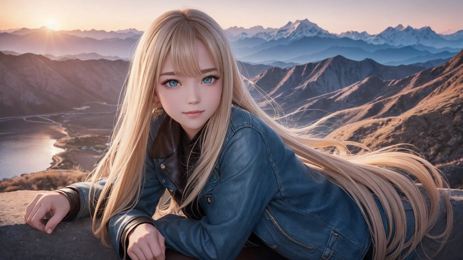 「Young and vibrant female character。feature is、Sparkling green eyes and long blonde hair in a ponytail。Her appearance is、Dress to spark your sense of adventure、He is wearing a leather jacket and dark blue jeans.。Personality、Curious and courageous、But sometimes there is compassion.、Thoughts of friends。The dream of the future、Travelling around the world and discovering new placeemories of the past、The moment when the magnificent sunset I saw as a sinks into the silhouette of the mountains。In the close-up of the face、Capture her bright smile and determined gaze.、In the full-body image、Magnificent Mountain々Against the backdrop of、He is posing with a map spread out, planning his next adventure.。This world view is、A fusion of fantasy and the near future where magic and science coexist。」