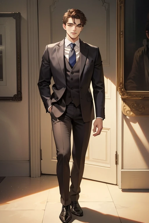 masterpiece, best quality, realistic, 1man, mature male, quiet and charming young man, 25 year old, serious look, closed mouth, portrait, extremely detailed face, cold smile, ((dark grey eyes)), ((short-right-swept dark brown hair)), [thick eyebrows], ((suit)), handsome, full body, western, Jewish, light brown skin,