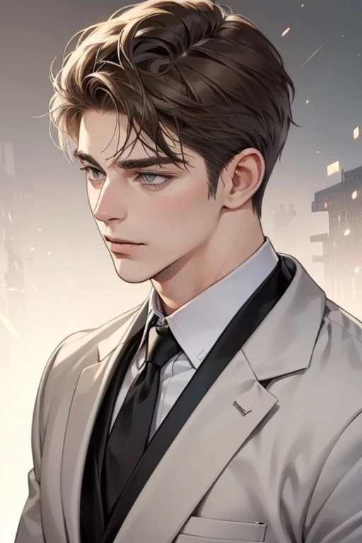 masterpiece, best quality, realistic, 1man, mature male, quiet and charming young man, 25 year old, serious look, closed mouth, portrait, extremely detailed face, cold smile, ((dark grey eyes)), ((short-right-swept dark brown hair)), [thick eyebrows], ((suit)), handsome, full body, western, Jewish, light brown skin,