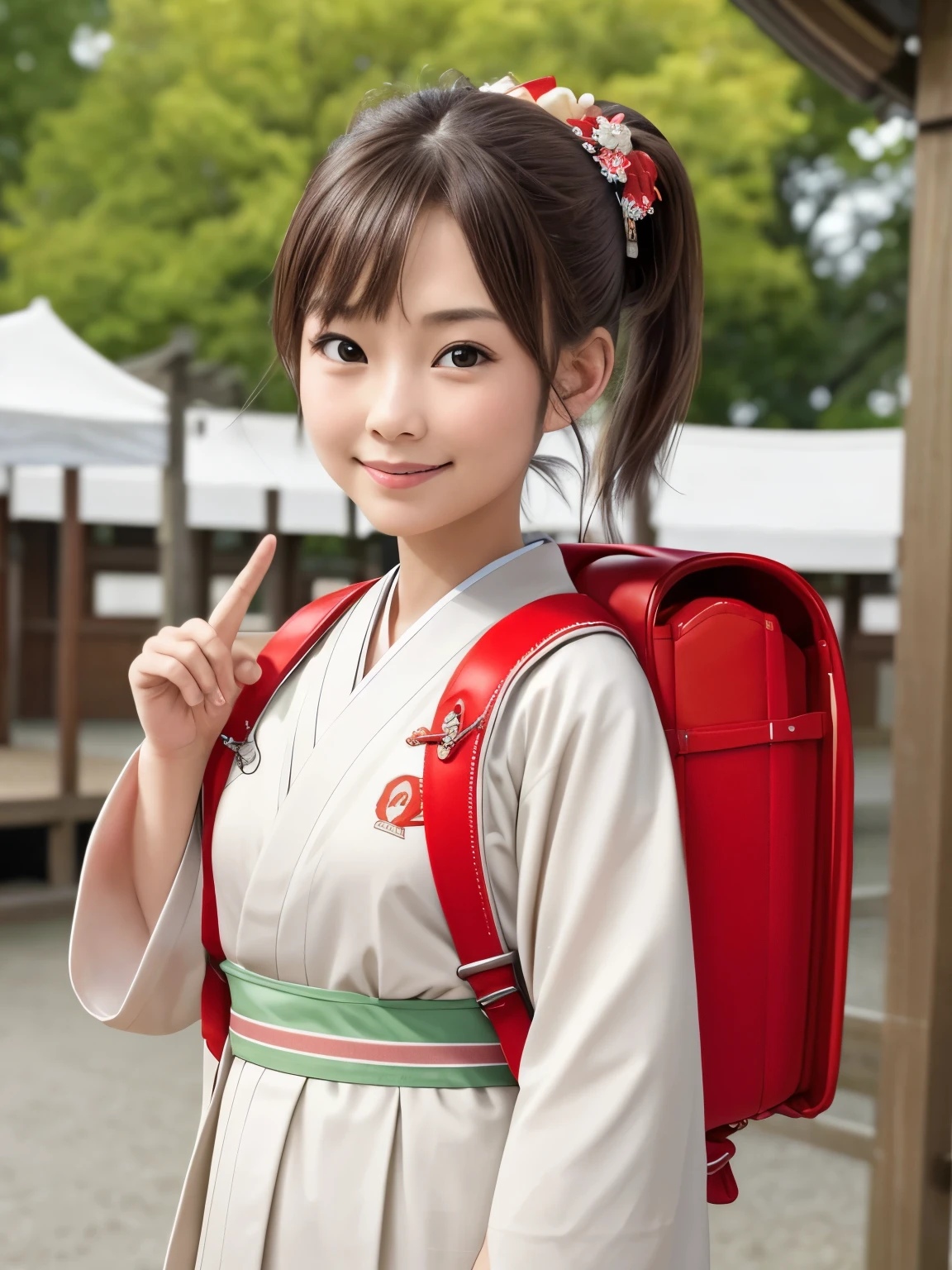 Masterpiecd, hd, , Portrait, Best Quality, High resolution, 1girl, brown hair, ponytail, hair ornaments, hair ribbon, wearing school backpack、(school backpack:1.2), red backpack Wearing a Japanese kimono at a summer festival at a shrine, (kimono:1.1), outdoor, standing