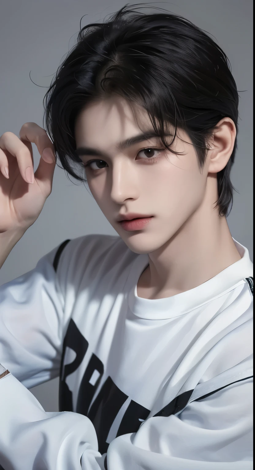 ((highest quality, 8K, masterpiece: 1.3))、Instagram selfie pictures、Room background、Handsome boy in kpop fashion:1.5, 17-year-old、Delinquent boy、 well-groomed face, black hair color、thin face、(white skin:1.5)、whole body、(beckoning:2.0)、dark eyes、Super handsome、sexy eyes、Extra-fine face、handsome nose、small eyes and face、beautiful lighting, High resolution, detailed mouth、smile、whole body: 1.5、perfect body shape、super slim、medium hair、STUSSY clothes、Oversized clothes.