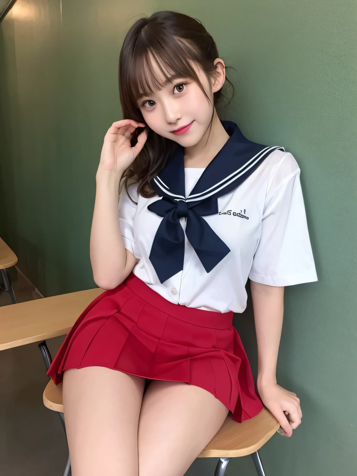 In detail,Full body photo、 Blonde、high school girl、High resolution, high quality、Slim body、Perfect dynamic composition, Beautiful fine details, Blonde、ponytail、Natural color lip,Kamimei、17-year-old girl、Clear Skin、Sailor suit、Red mini skirt、Thighs、Shiny Hair、最high quality, figure, Very detailed, In detail, High resolution, 8k、The correct state of the human body、Sculpture model pose，Pink wall,Sitting in a chair、Thighs are visible、smile、
