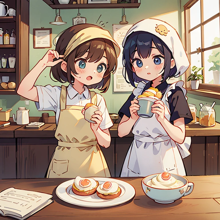 Girls with towels wrapped around their heads making lots of eggs benedict in a cafe　Wearing an apron