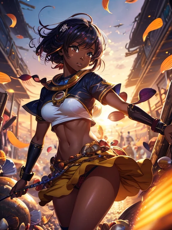 JIM EIDOMODE, 4K, anime art digital art, Light Ugandan Woman, Energizing and Attractive, Surrounded by Shells, Figural Steerage Mustard Smartwatch, Shallow Depth of Field, 50mm. anime style, key visual, vibrant, studio anime, highly detailed