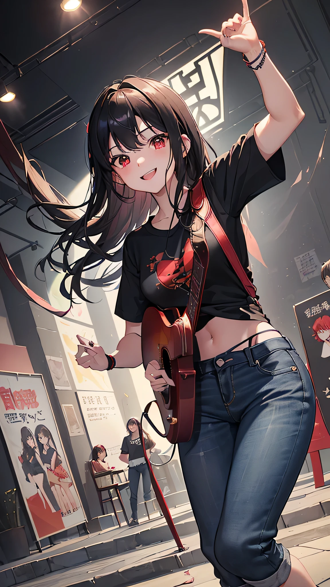 最high quality、Best image quality、masterpiece、girl((18-year-old、 By becoming、Best Bust、Medium Bust,Wide open breast tea、Red glowing eyes,Black Hair、Red Mesh、Disheveled Hair、Lointail、thin,The highest valley、Open chest、Luminous Wristbands、hair ornaments、Show the whole body,Black short sleeve T-shirt、Short denim trousers、Leaning forward、smile、Holding a guitar、Performance、sing)),high quality、Beautiful art、background((Large shopping malls,Street Museum))、Flight、Flying debris、Written boundary depth、movie、Visual Arts、Perfect art、8K,Genuine,