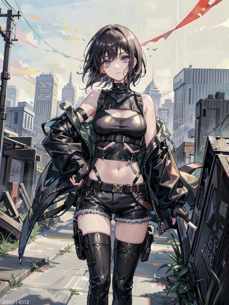 whole body, gunman attire, post apocalyptic desert city, absurdres, RAW photo, extremely delicate and beautiful, masterpiece, Best Quality, ultra high resolution, 32k, hyperrealistic, ultra-detailed, detailed description, pale skin, 20 years old, detailed beautiful face and eyes, tearful mole, earring, Colossal tits, short medium hair, wavy hair, midriff, shorts,