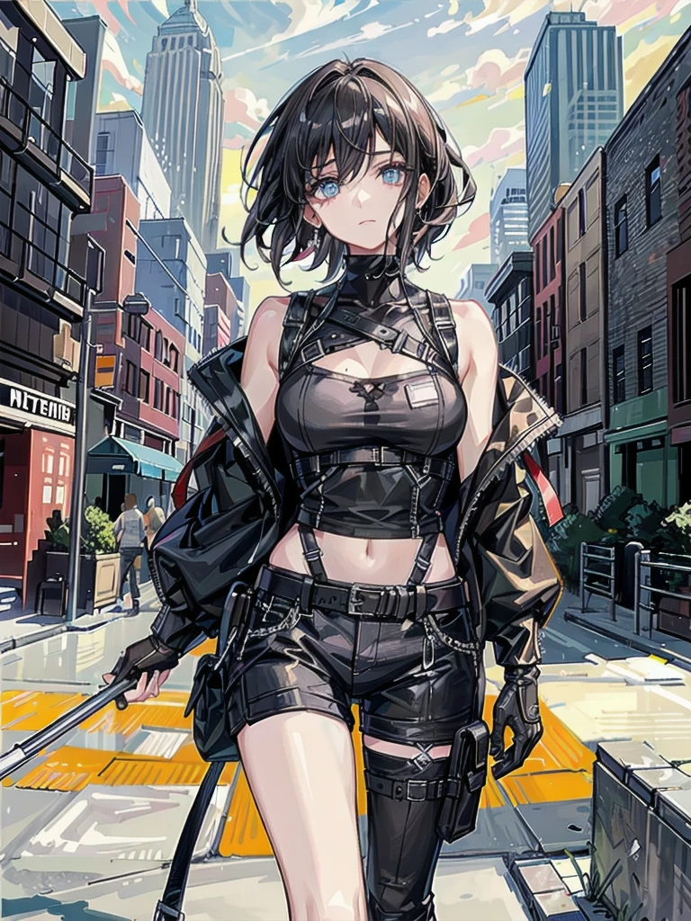 whole body, gunman attire, post apocalyptic desert city, absurdres, RAW photo, extremely delicate and beautiful, masterpiece, Best Quality, ultra high resolution, 32k, hyperrealistic, ultra-detailed, detailed description, pale skin, 20 years old, detailed beautiful face and eyes, tearful mole, earring, Colossal tits, short medium hair, wavy hair, midriff, shorts,