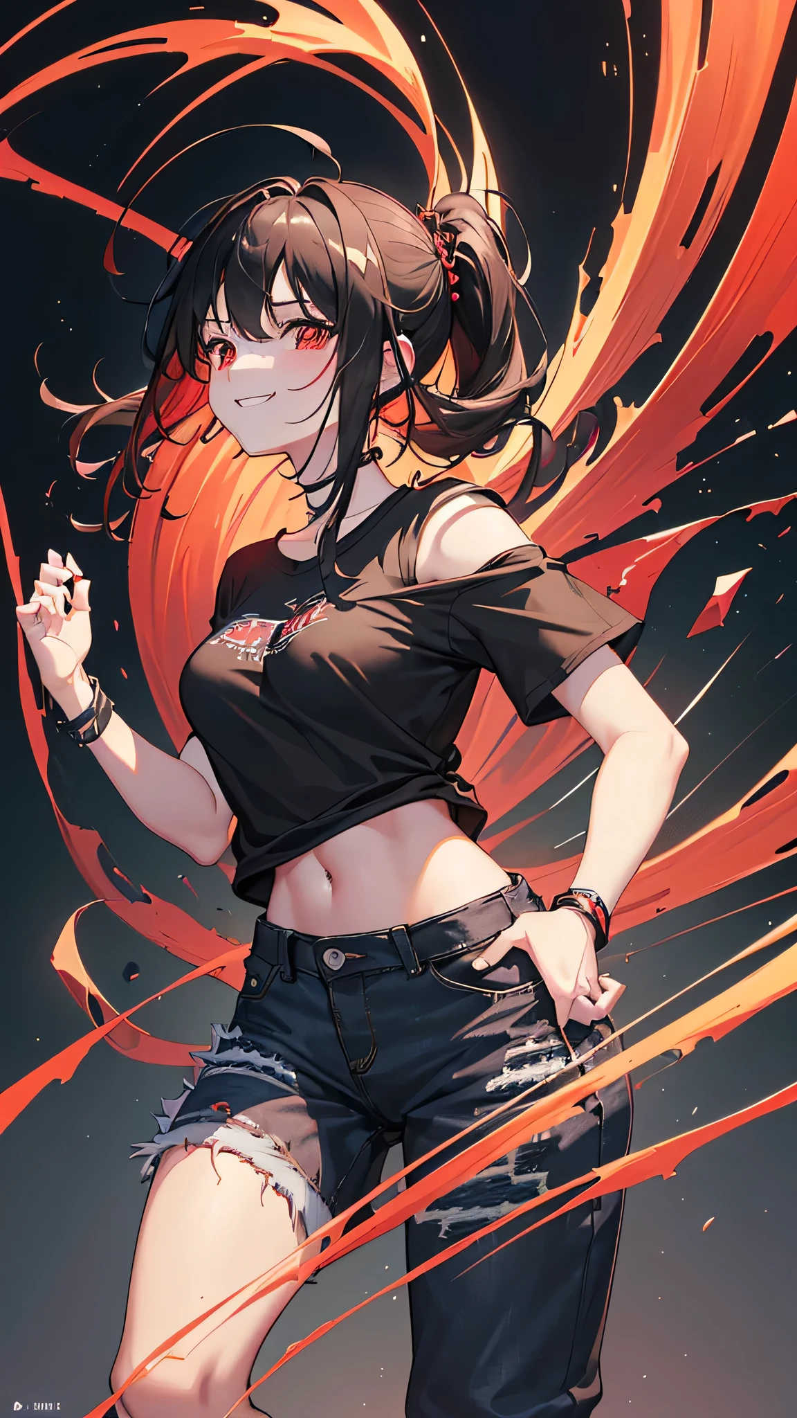 最high quality、Best image quality、masterpiece、girl((18-year-old、 By becoming、Best Bust、Medium Bust,Wide open breast tea、Red glowing eyes,Black Hair、Red Mesh、Disheveled Hair、Lointail、thin,The highest valley、Open chest、Luminous Wristbands、hair ornaments、Show the whole body,Black short sleeve T-shirt、Short denim trousers、Leaning forward、smile、Holding a guitar、Performance、sing)),high quality、Beautiful art、background((Large shopping malls,Street Museum))、Flight、Flying debris、Written boundary depth、movie、Visual Arts、Perfect art、8K,Genuine,