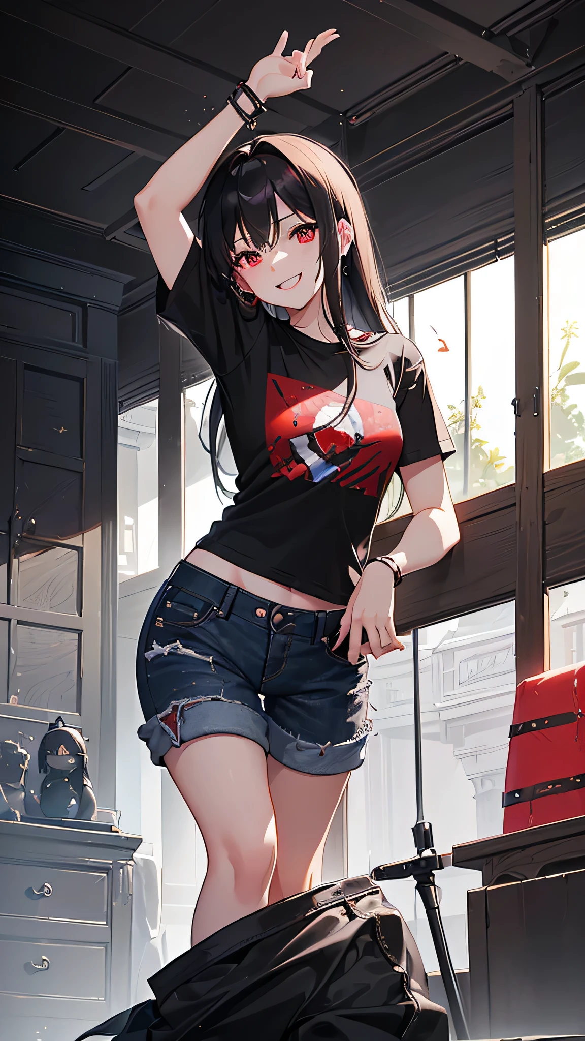 最high quality、Best image quality、masterpiece、girl((18-year-old、 By becoming、Best Bust、Medium Bust,Wide open breast tea、Red glowing eyes,Black Hair、Red Mesh、Disheveled Hair、Lointail、thin,The highest valley、Open chest、Luminous Wristbands、hair ornaments、Show the whole body,Black short sleeve T-shirt、Short denim trousers、Leaning forward、smile、Holding a guitar、Performance、sing)),high quality、Beautiful art、background((Large shopping malls,Street Museum))、Flight、Flying debris、Written boundary depth、movie、Visual Arts、Perfect art、8K,Genuine,