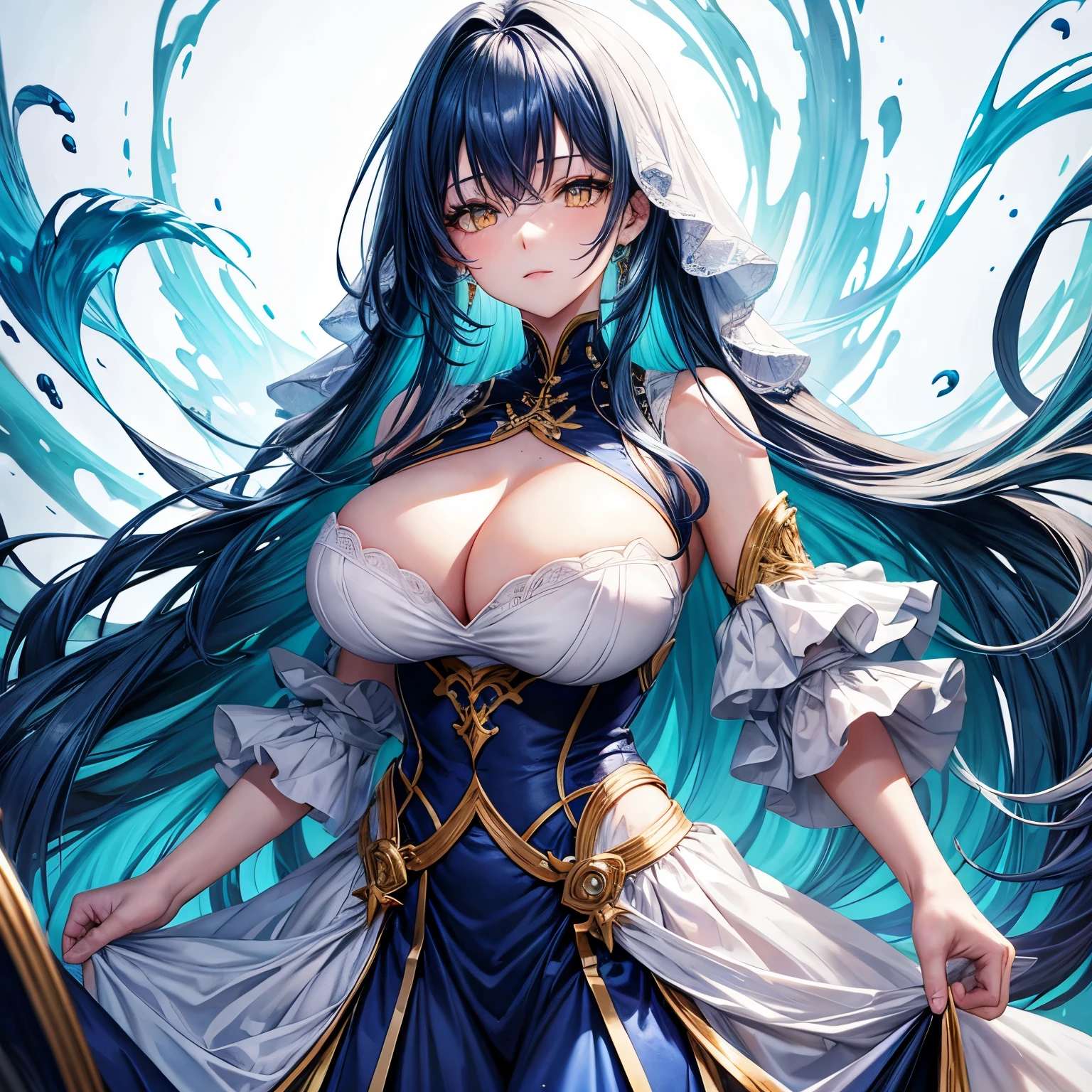 Blue-colored hair , Sparkling yellow eyes , Look big , big breasts , long hair , white dress , half body