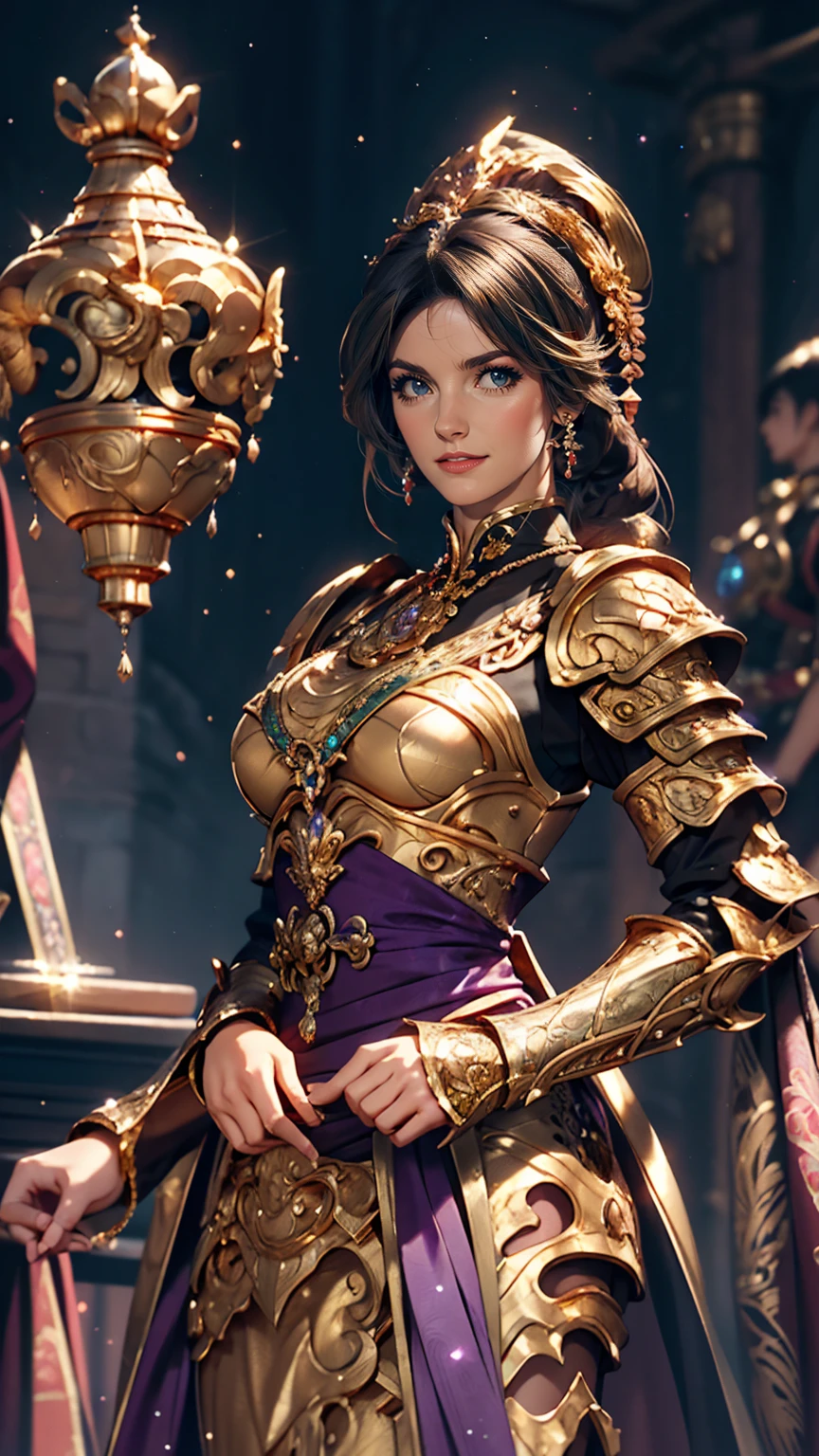 Close-up of a woman in a gold and purple dress, Chengwei Pan at Art Station, by ヤン・J, Detailed fantasy art, Amazing character art, Fan Art Best Art Station, Magnificent and elaborate character art, Beautiful Armor, Highly detailed art, Detailed digital anime art, artgerm の artstation pixiv, Girl in armor