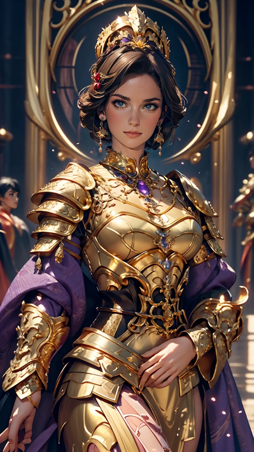 Close-up of a woman in a gold and purple dress, Chengwei Pan at Art Station, by ヤン・J, Detailed fantasy art, Amazing character art, Fan Art Best Art Station, Magnificent and elaborate character art, Beautiful Armor, Highly detailed art, Detailed digital anime art, artgerm の artstation pixiv, Girl in armor