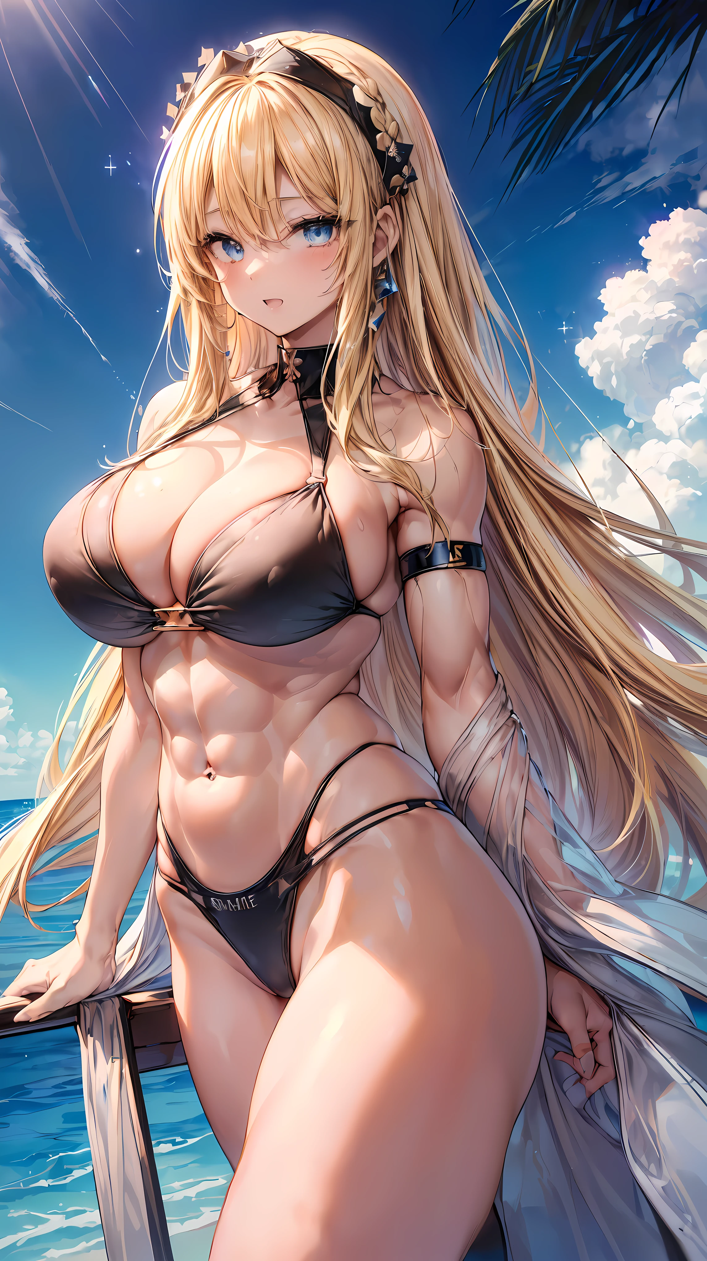 Very detailed、highest quality、Best image quality、masterpiece、8k、Anime Face、A kind smile、(Open your mouth:1.3)、Sparkling blue eyes、(Blonde semi-long hair:1.5)、(Muscles of the whole body:1.3)、(High leg:2.0)、Thigh belt、(Black high-cut bikini:1.5)、(Upper body photo:1.5)、(SFW Giant)、(Thick body:1.2)