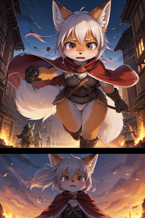 The various events that occur during the journey form the story of the film. As the film is traveling , various view , happening scene , dynamic move , hairy Short stature fox girl with Townspeople , (realistic hairy bunny fur) , round face , (tilt face:1.2) , (half-open eyes) , Swollen cheeks , glossy lips , (Looking away , Look around:1.2) ,  (wearing fantastic wear and Cape) , travel bag , Walking around the fantasy world , dynamic angle , action move , Joy, anger, sorrow, and happiness , Attacked by bandits