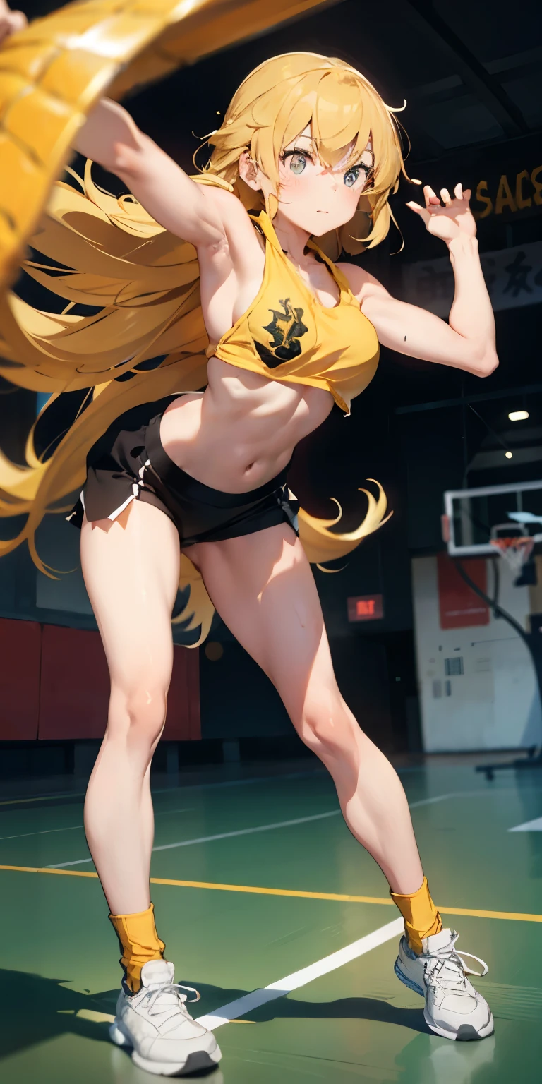 Yang xiao long, cool shooting on hoop shot, happy, cute confident girl, blonde long hair, sexy, slim, poser, tomboy, cool basketball court background , nude, yellow micro bikini , thin legs,  large breasts, white sneakers, detailed nipples, detailed vagina,  wet tight clothes, wet body, wet hair, exposed body, 