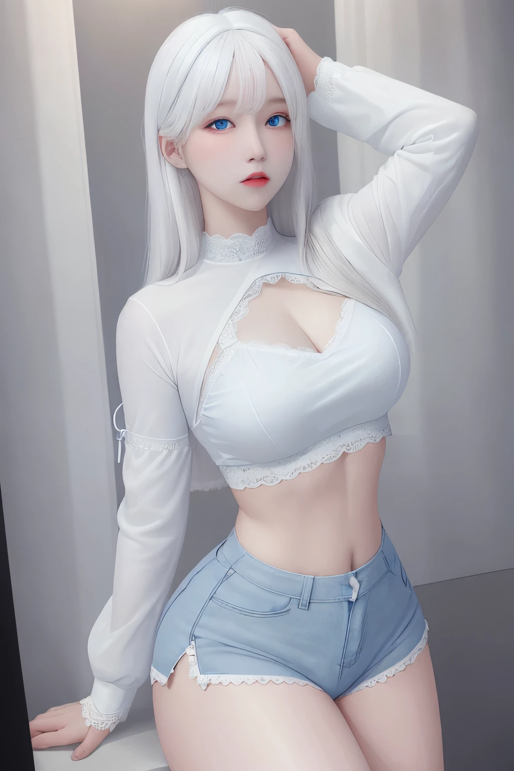photorealistic, high resolution, 1 girl, white hair, korean, blue eyes, white sexy lace shirt, lace skimpy tight black shorts, thick thighs, lace crop top sexy