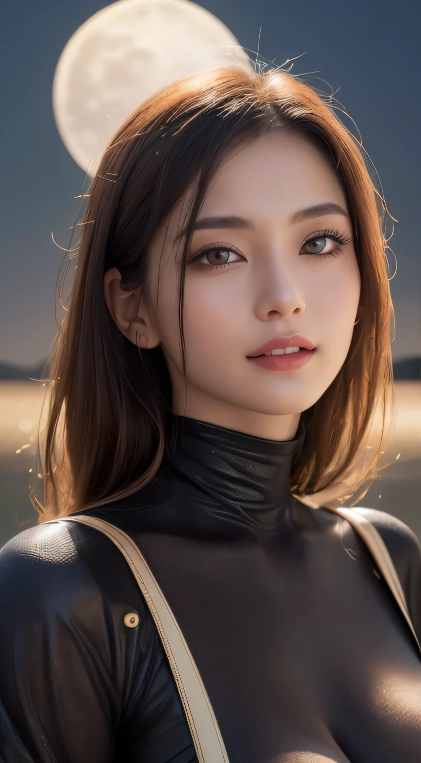 Kimono beauty, body portrait, 8k, thin and beautiful eyes, Dindal effect, masterpiece, top quality, high quality, high resolution, very detailed photo, (natural skin texture, fine skin, hyper realism, super sharpness) , high detail skin, (very fine, fine skin texture, intricate details, beautiful face, (real-like face), realistic eyes, beautifully detailed eyes, realistic skin, beautiful skin, surreal, Highly detailed, golden ratio, smiling eyes, ((night moonlight background)), body portrait, G cup, big breasts, huge breasts, big breasts, glamorous, shiny bodysuit