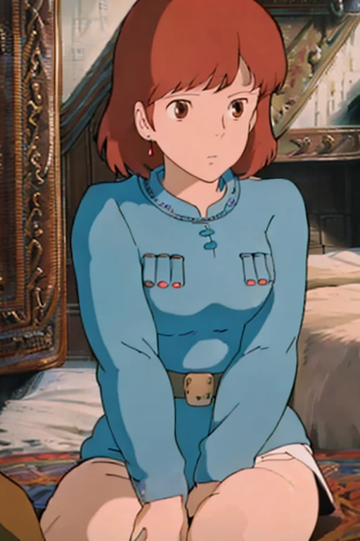 (masterpiece, highest quality, High resolution, Anime screenshots, Anime Color, 8k, Realistic), Nausicaa, very cute, beautiful girl,  Big Tits Alone, Reddish brown hair, Short Bob Hair, Red Gem Earrings, Baby Face, (Looking at the audience), Beautiful breasts, Slim girl body, (Bikini sexy underwear, garter belt, Fishnet tights), Perfect beauty, Beautifully decorated palace, Sitting on the bed in the bedroom, (Perfectly detailed anatomy, Beautiful and elaborate face&eye:1.5, Shiny skin, Perfect body)、I want to see the whole body