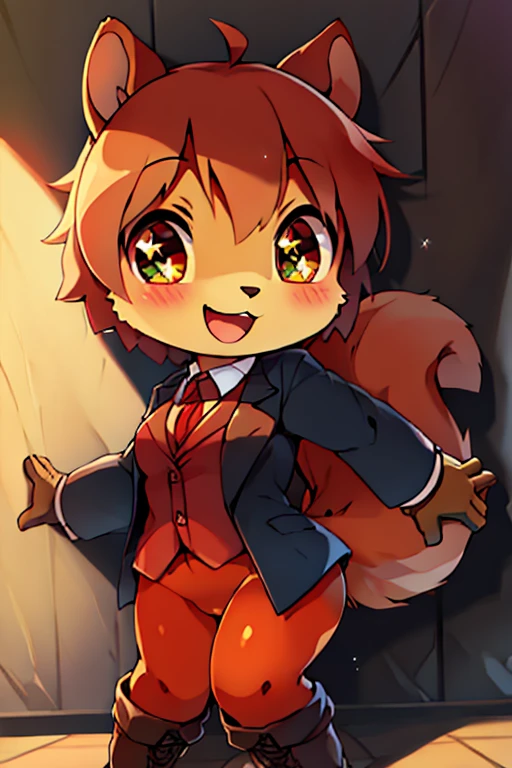 boy, squirrel, furry, bodyfur, blazer, bottomless, color tights, gloves, boots, chibi, happy, sparkling eyes, from behind, standing, against wall, facing away, outstretched hand, looking back