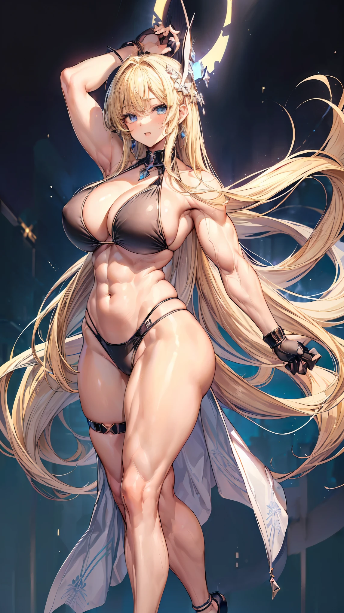 Very detailed、highest quality、Best image quality、masterpiece、8k、Anime Face、A kind smile、(Open your mouth:1.3)、Sparkling blue eyes、(Blonde semi-long hair:1.5)、(Muscles of the whole body:1.3)、(High leg:2.0)、Thigh belt、(Black high-cut bikini:1.5)、(Upper body photo:1.5)、(SFW Giant)、(Thick body:1.2)