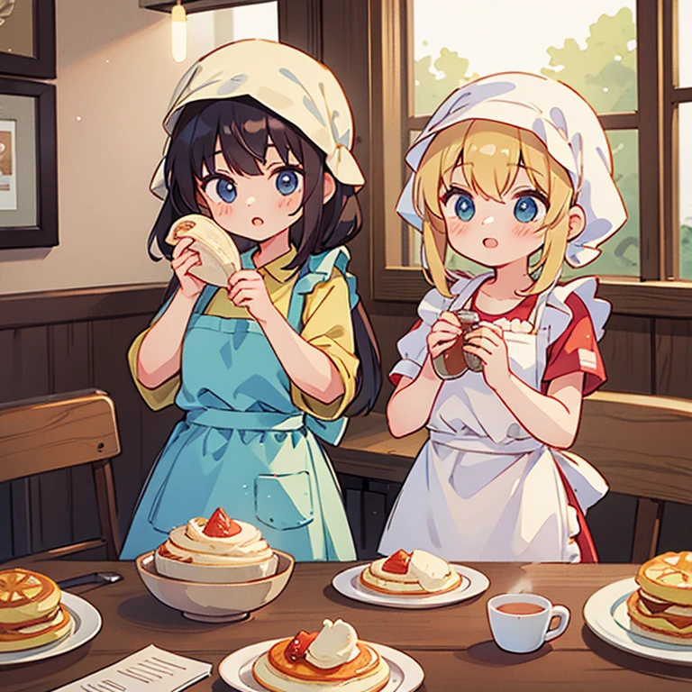 Girls with towels wrapped around their heads making souffle omelets in a cafe Wearing an apron