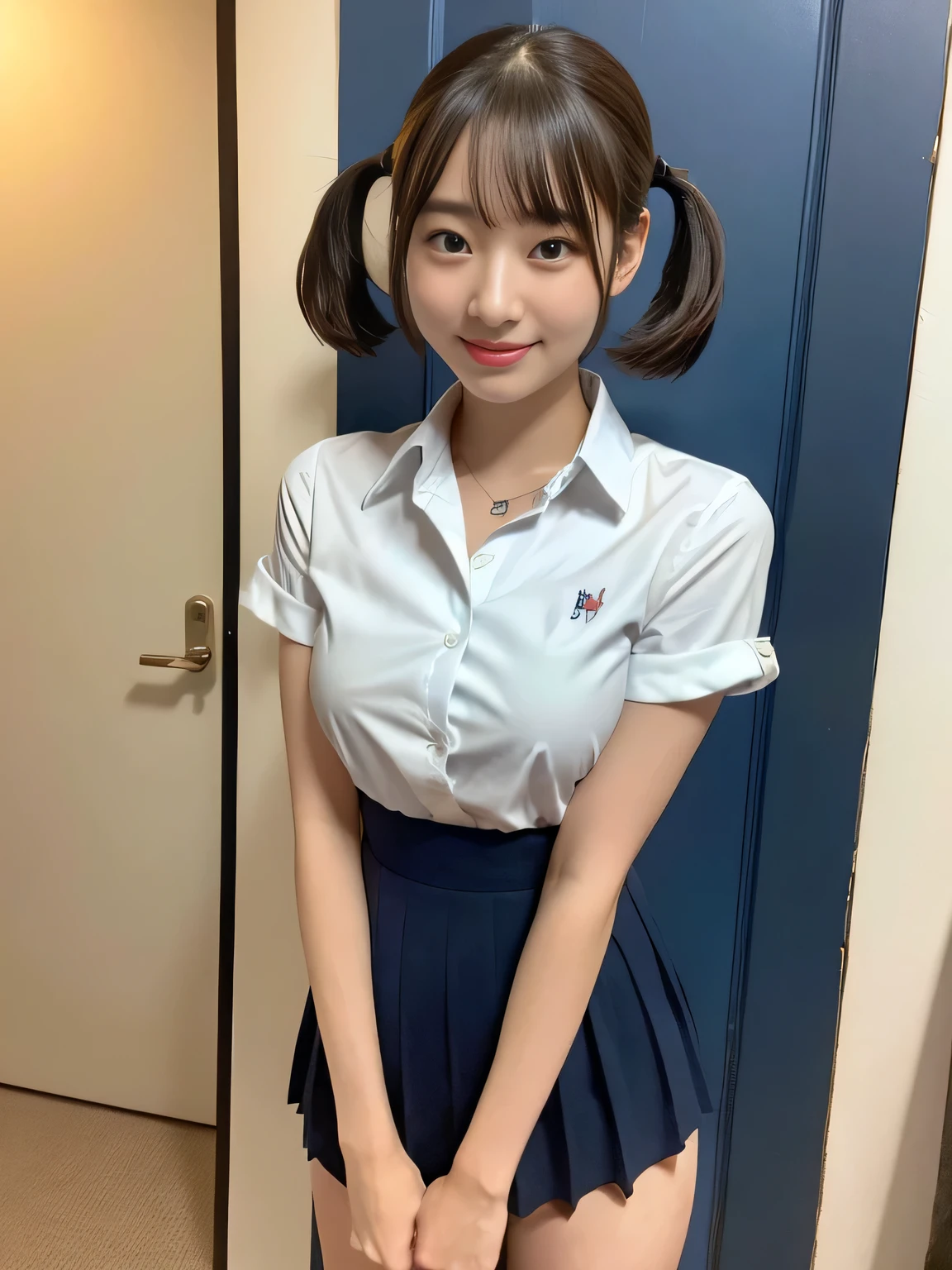 (highest quality、8k、32k、masterpiece、Hmph:1.2)、sexy、16 years old、Cute Japanese Women Photos、Twin tails、thin、slender、(Bobcut)、(Small Tits)、double eyelid、 Navy blue open front shirt、Navy blue tie、You can see her underwear faintly、Red mini skirt、Thighs、Light blue wall、whole body、smile、sexy