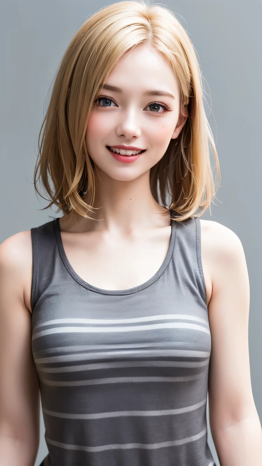 (highest quality、8k、32k、masterpiece)、(Realistic)、(Realistic:1.2)、(High resolution)、Very detailed、Very beautiful face and eyes、1 girl、Round and small face、Tight waist、Delicate body、(close、highest quality、Attention to detail、Rich skin detail)、(highest quality、8k、Oil paint:1.2)、(Realistic、Realistic:1.37)、Bright colors、(((blonde)))、(((Bust Shot)))、(((Medium Hair)))、(((Loose and fluffy perm)))、(((Pure white wall background)))、(((Touching lips with left hand)))、(((Laughing)))、(((Blonde)))、(((Tank top with striped pattern)))、(((grey and white tank top)))、(((Gray streaks々Clothes)))