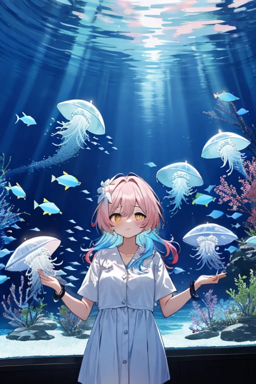 jellyfish、光るjellyfish、Aquarium、Tropical fish、colorfulな魚、girl、In the water、Spreading hair、Aquarium、Light pink transparent hair color、Gradient Hair、colorful、Beautiful colors、Neon color、Rainbow-colored