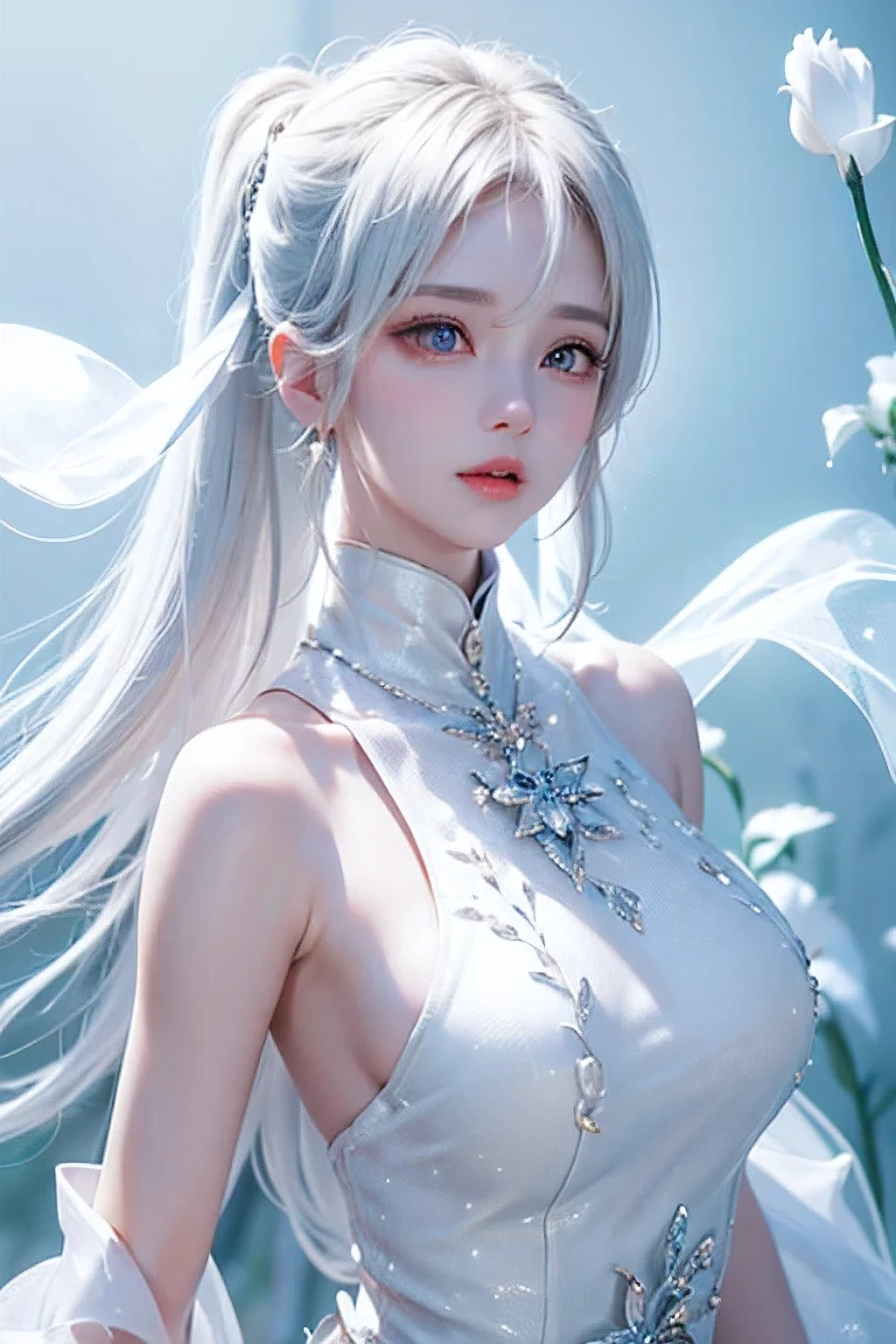 ((From the waist up))((masterpiece:1.5、8k、Portraiture、Photorealistic and very detailed CG、Very detailed、Particle Effects、Dynamic Effects、Written boundary depth、Cinematic Light、Lens flare、Ray Tracing、Tabletop、Realistic:1.4、超A high resolution:1.2、Realistic、Realistic))((alone、,Woman in turtleneck dress:1.4、Model-like pose:、sideboob、Ample breasts、Detailed face、Bright expression、young, Brighter, Whiter skin、Best Looks、Ultimate beauty、White hair with shiny highlights:1.8、bright and shiny hair,、Super long, Silky straight hair、Hair swaying in the wind))(Fantastic transparent flower々Surrounded by、White Background、Great background、Thin petals fluttering down)