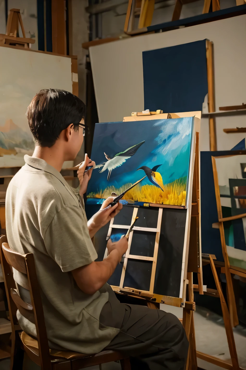 Man painting an oil painting in a studio、Bird's-eye view、Dim atmosphere