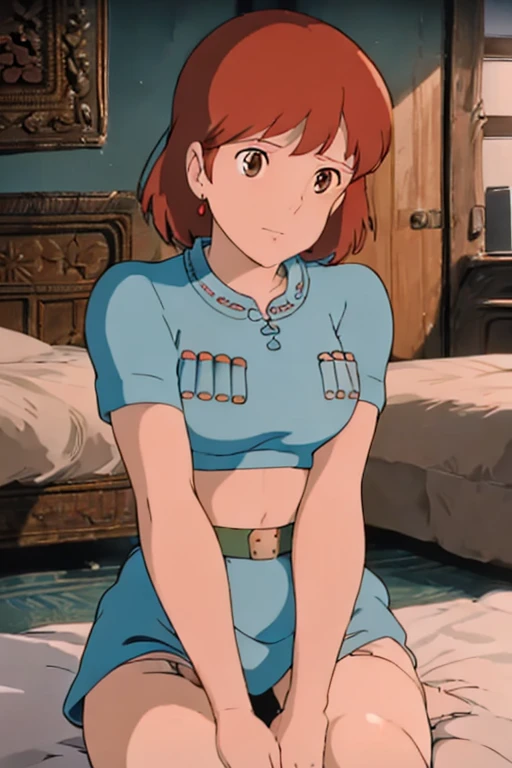 (masterpiece, highest quality, High resolution, Anime screenshots, Anime Color, 8k, Realistic), Nausicaa, very cute, beautiful girl, Big Tits Alone, Reddish brown hair, Short Bob Hair, Red Gem Earrings, Baby Face, (Looking at the audience), Beautiful breasts, Slim girl body, (Bikini sexy underwear, garter belt, Fishnet tights), Perfect beauty, Beautifully decorated palace, Sitting on the bed in the bedroom, (Perfectly detailed anatomy, Beautiful and elaborate face&eye:1.5, Shiny skin, Perfect body)、I want to see the whole body
