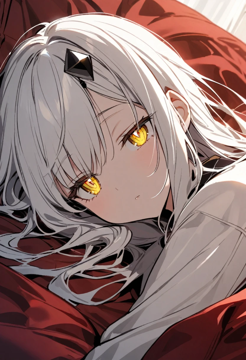 A woman, flowing white hair, melancholy eyes, yellow pupils, black diamond-shaped hairpin, Dutch angle, Sleeping on a thick red silk duvet.
