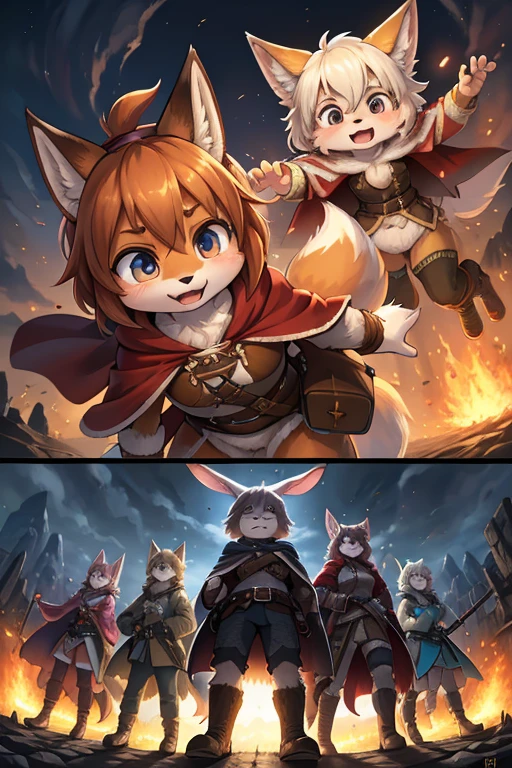 The various events that occur during the journey form the story of the film. As the film is traveling , various view , happening scene , dynamic move , 1 hairy Short stature fox girl with Townspeople , (realistic hairy bunny fur) , round face , (tilt face:1.2) , (half-open eyes) , Swollen cheeks , glossy lips , (Looking away , Look around:1.2) ,  (wearing fantastic wear and Cape) , travel bag , Walking around the fantasy world , dynamic angle , action move , Joy, anger, sorrow, and happiness , Attacked by bandits