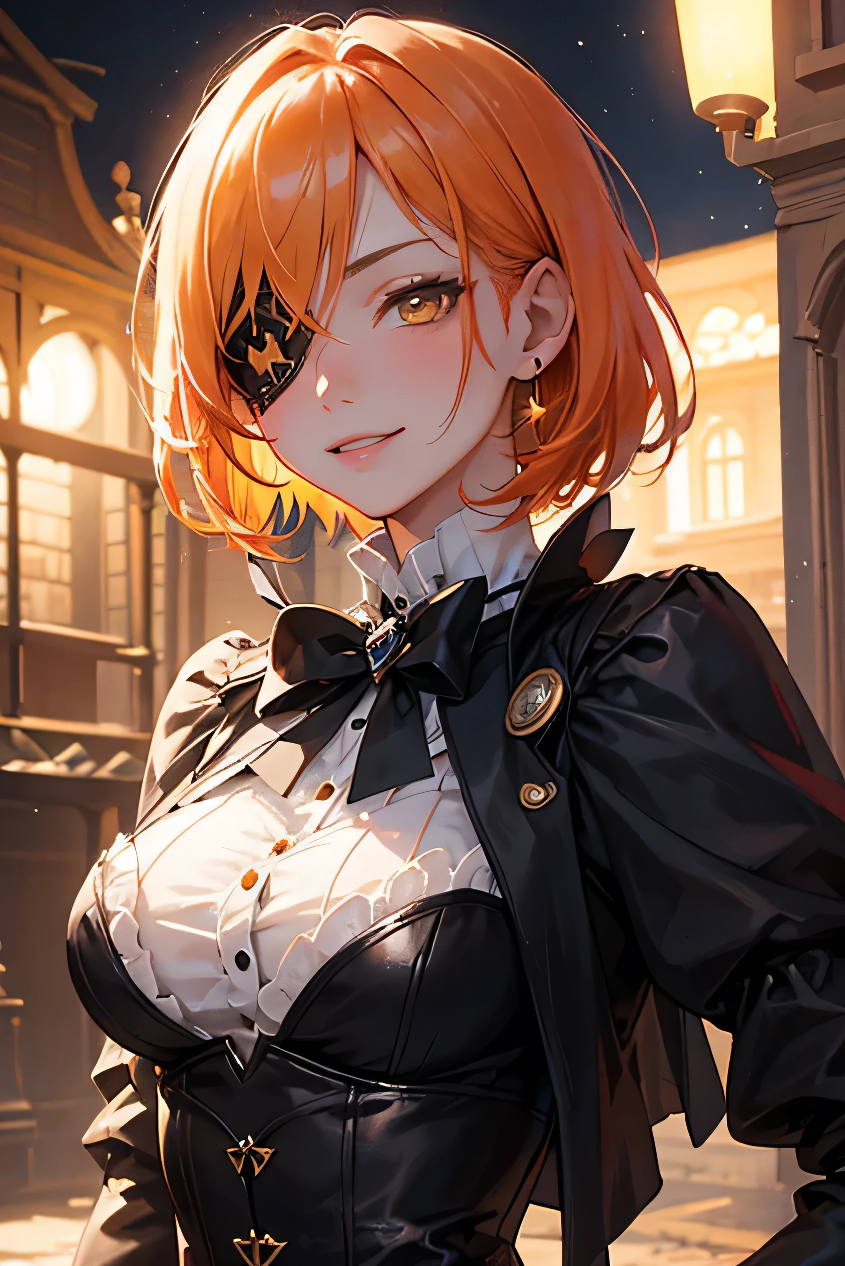 masterpiece, highest quality, so beautiful、Latest、girl, Orange Hair, short hair, Golden Eyes、evil smile,glowing
eyesi、Super cool adult woman in brown British aristocrat fantasy costume、Bold Pose、Open your hands、dance、Decoration、gorgeous、Chuunibyou is cool、Confident々、steampunk、Black Butler