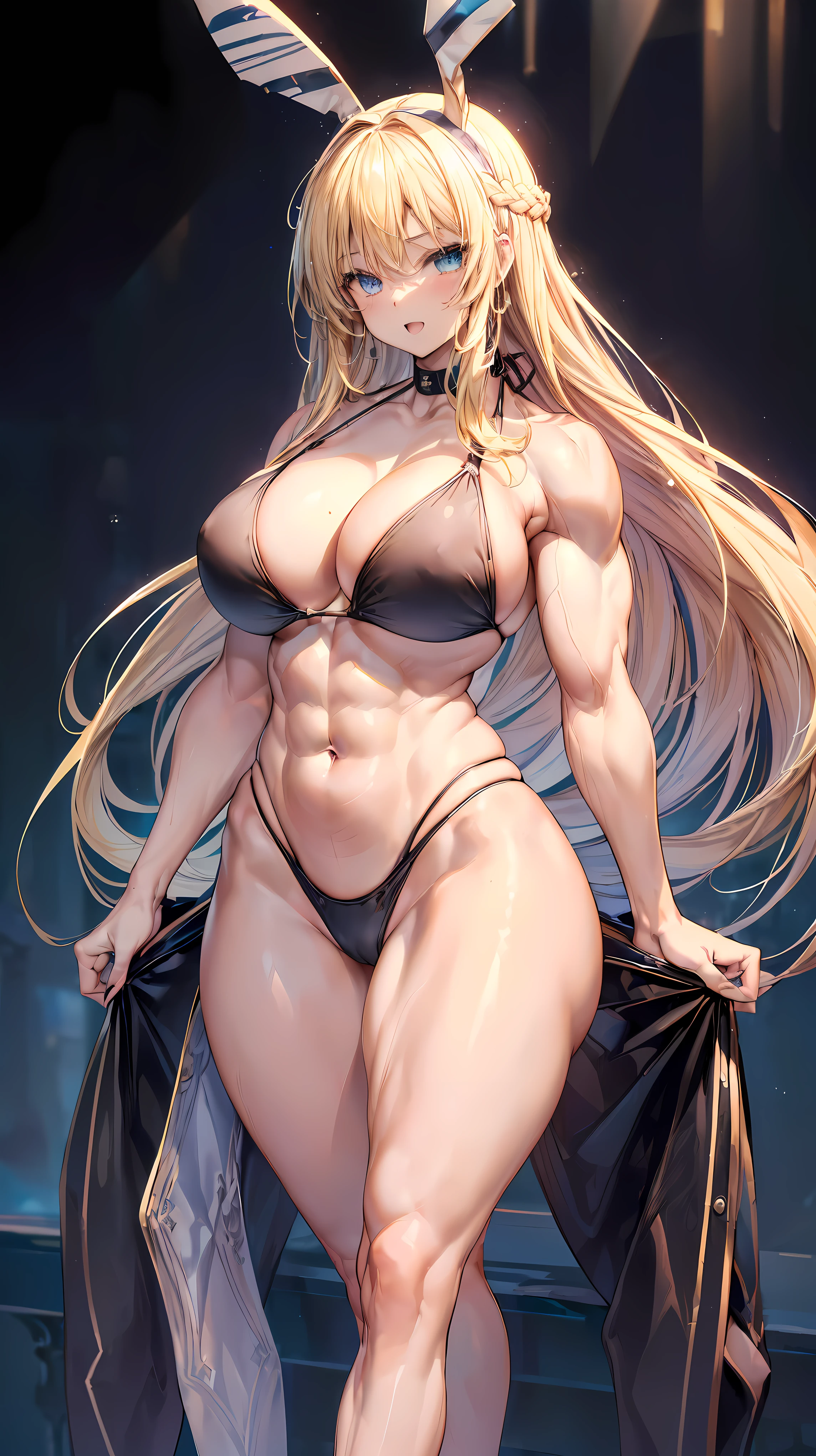 Very detailed、highest quality、Best image quality、masterpiece、8k、Anime Face、A kind smile、(Open your mouth:1.3)、Sparkling blue eyes、(Blonde semi-long hair:1.5)、(Muscles of the whole body:1.3)、(High leg:2.0)、Thigh belt、(Black high-cut bikini:1.5)、(Upper body photo:1.5)、(SFW Giant)、(Thick body:1.2)