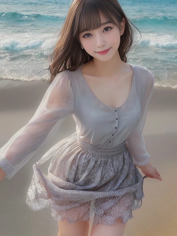 masterpiece、Photo-realistic quality、Woman standing on the beach near the sea, 20Bewitching woman of the year, Sheer light grey top、A miniskirt with small pink flowers on a white background、Sexy Japan Girl, Mature young woman, sexy and elegant pose,View the photographer、smile、 Japanese Model, Idol, Sexy and beautiful,Beautiful young woman, Beautiful young girl, Lovely lady, Very beautiful girl, Cute Core、(looking at the camera:2.0) 、Detailed and beautiful moist eyes、Soft look、優しいsmile