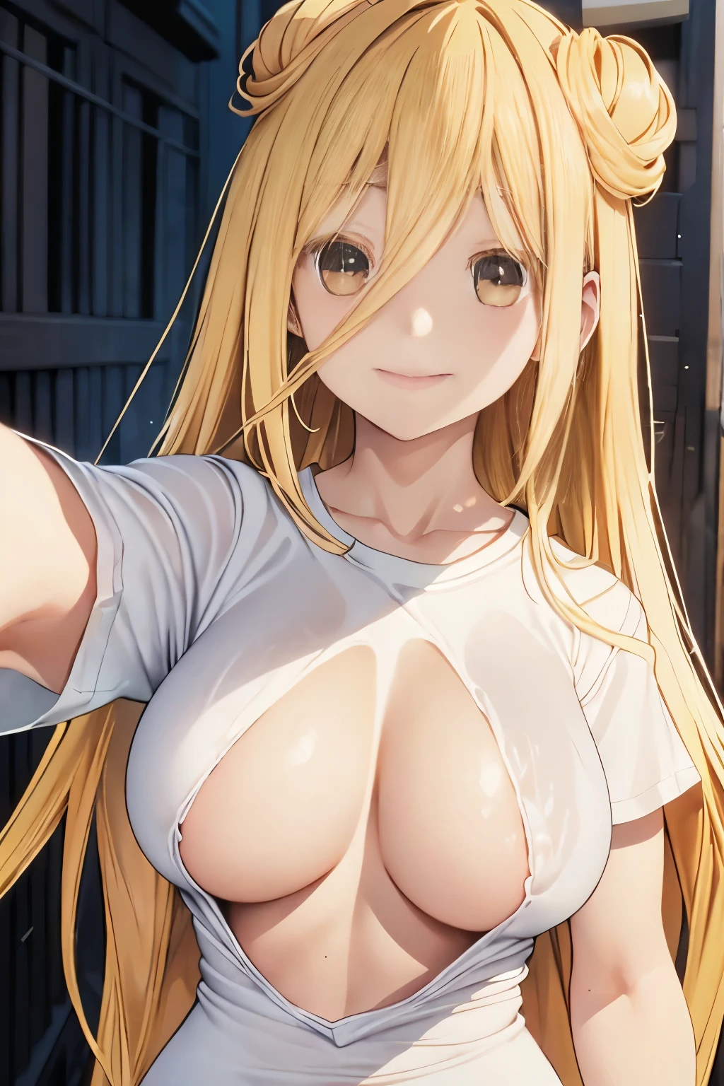 Optimal,masterpiece,High resolution,highest quality,Hyper HD,alone,smile、(Upper Body),Upper Bodyの写真、Cute face,,Blonde、Long Hair、White skin,((Shoot from the front:1.5)), ((Tight T-shirt:1.5)), See-through、((Large Breasts:1.5)),